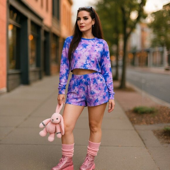 Femme Magic Tie Dye Lounge Set – Crop Top & Shorts – Purple Pink – Size M – NWT - Picture 2 of 4